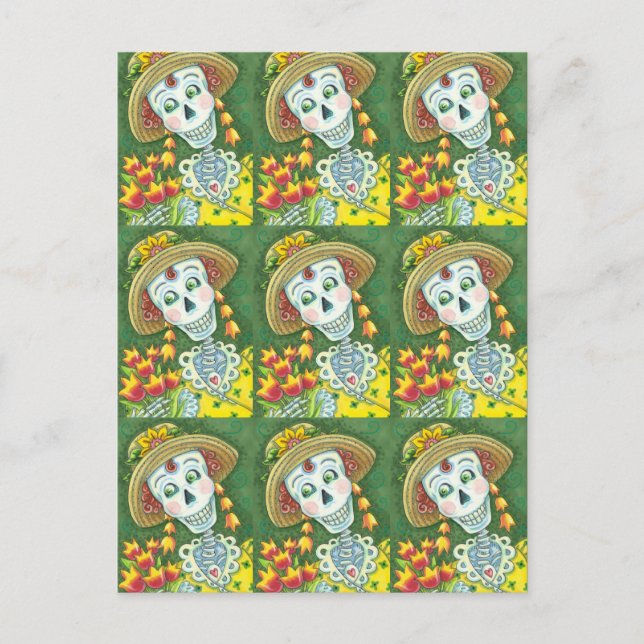 SPRING TIME SKELLY AND TULIPS, LADY SKELETON Funny Holiday Postcard (Front)
