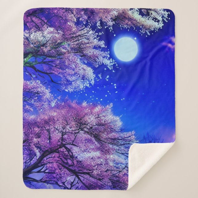 Spring tree, moon, blue sky.  sherpa blanket (Front)