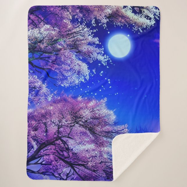 Spring tree, moon, blue sky.   sherpa blanket (Front)