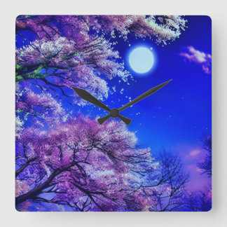 Spring tree, moon, blue sky. Square Wall Clock