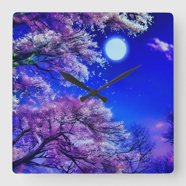  Spring tree, moon, blue sky.          Square Wall Clock (Front)