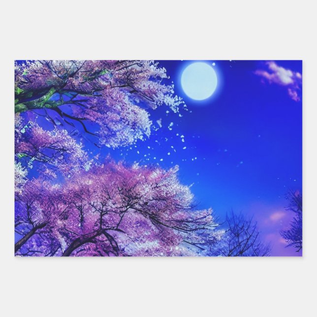  Spring tree, moon, blue sky.         Wrapping Paper Sheet (Front)