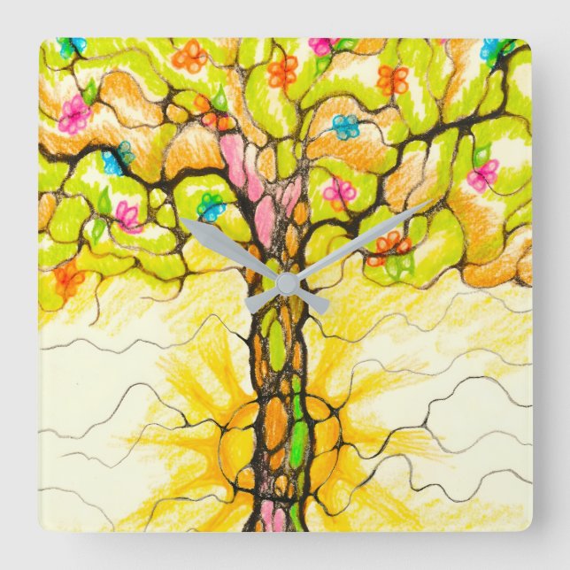 Spring tree square wall clock (Front)
