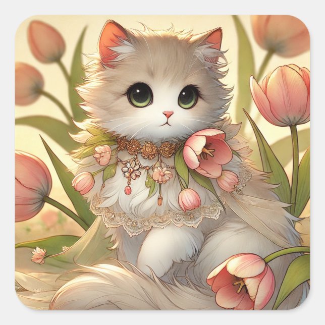 Spring Tulip Cat Square Sticker (Front)