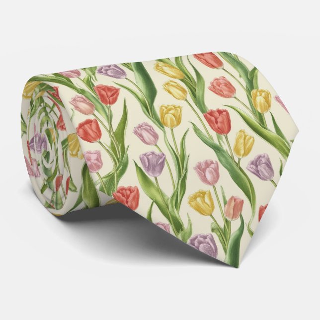 Spring Tulip Field Floral Pattern Tie (Rolled)