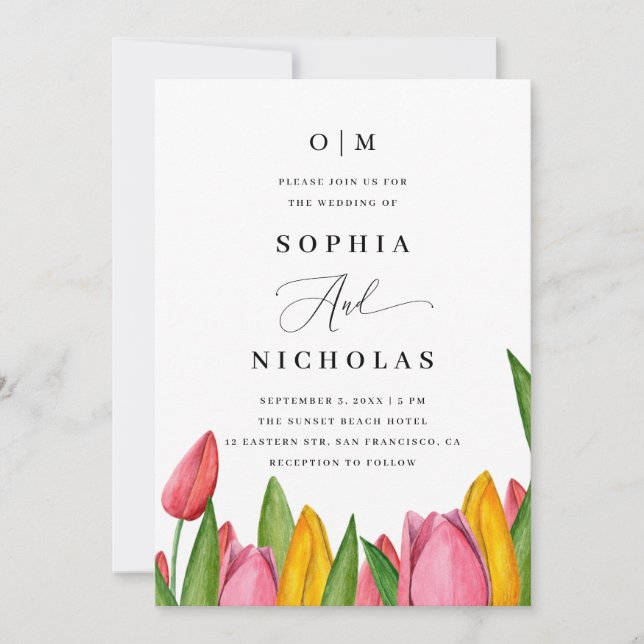 Spring Tulip Floral Wedding | Photo & QR Code Invitation (Front)