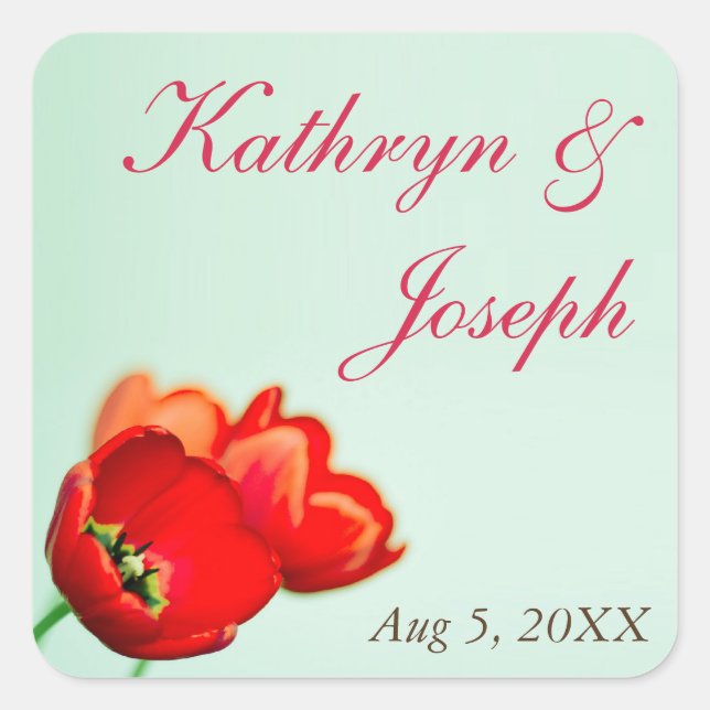 Spring tulip red floral mint wedding favour square sticker (Front)