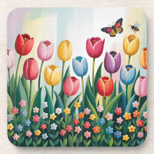 Spring Tulips and Butterflies Colourful Floral Coaster