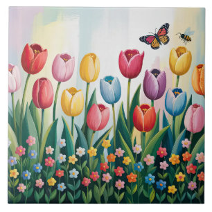 Spring Tulips and Butterflies Colourful Floral Tile