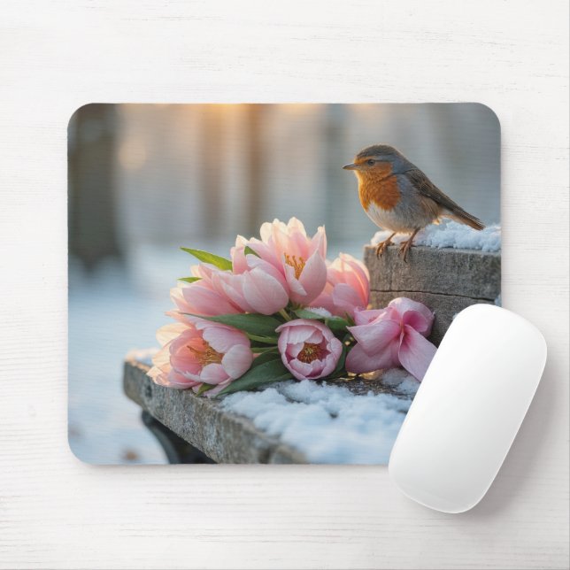 Spring Tulips and Robin On a Bench Mouse Pad (With Mouse)