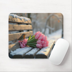 Spring Tulips and Robin On a Snowy Park Bench Mouse Pad
