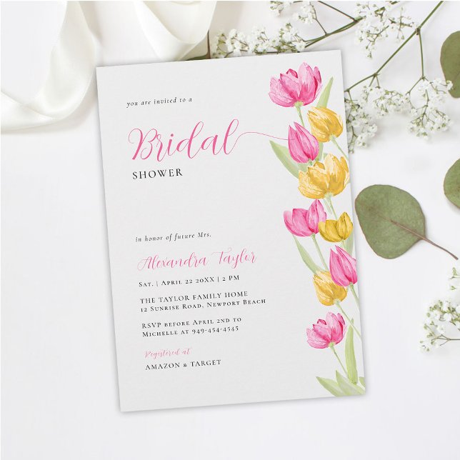 Spring Tulips Boho Chic Pink Yellow Bridal Shower Invitation (spring bridal shower invitation tulips pink yellow floral watercolor boho chic calligraphy pretty)