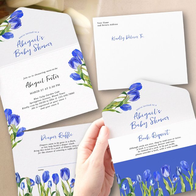 Spring Tulips Book Request and Diapers Baby Shower All In One Invitation (Tulip Baby Shower Invitation asking for book instead of a card with tear-off diaper raffle ticket)