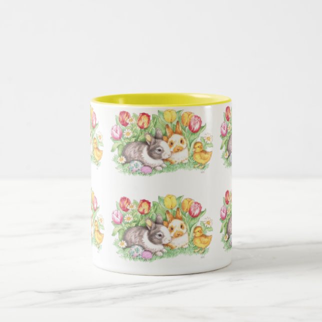Spring Tulips, Bunnies, & Chick, Easter Mug (Center)