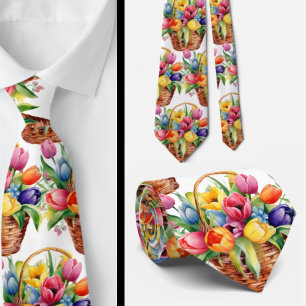 Spring Tulips Colourful Rainbow Watercolor Floral Tie