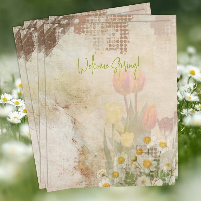Spring Tulips Distressed Scrapbook Paper Custom Letterhead (Creator Uploaded)