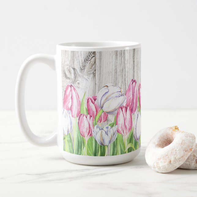 Spring Tulips Flowers on Wood Coffee Mug (With Donut)