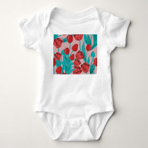 Spring tulips, hand-drawn floral pattern baby bodysuit