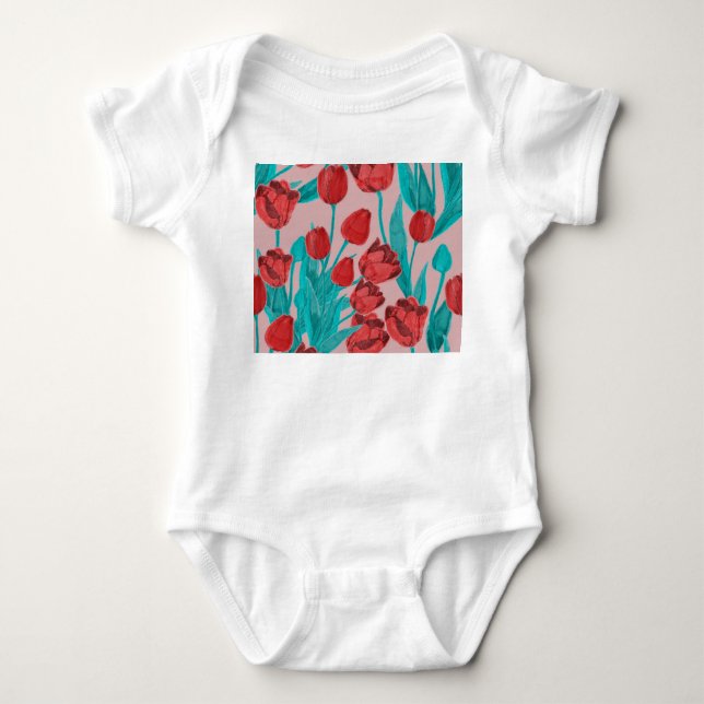 Spring tulips, hand-drawn floral pattern baby bodysuit (Front)