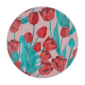 Spring tulips, hand-drawn floral pattern cutting board