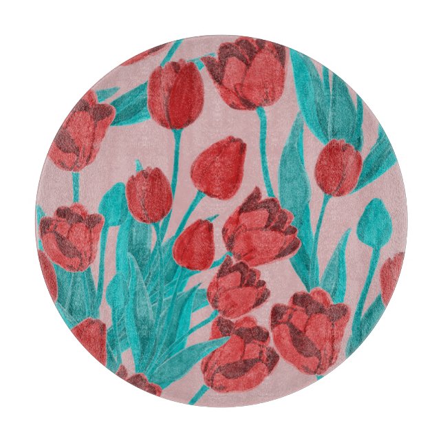Spring tulips, hand-drawn floral pattern cutting board (Front)