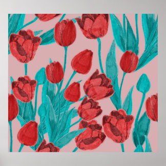 Spring tulips, hand-drawn floral pattern poster