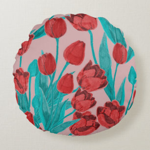 Spring tulips, hand-drawn floral pattern round cushion