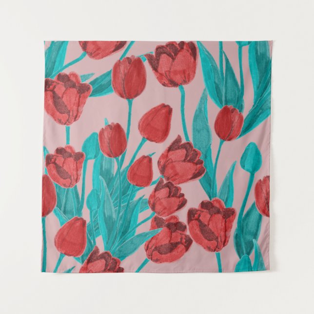 Spring tulips, hand-drawn floral pattern tapestry (Front)