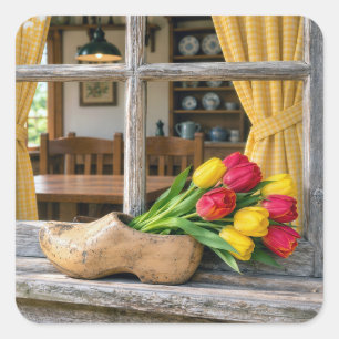 Spring Tulips in a Dutch Wooden Shoe Square Sticker