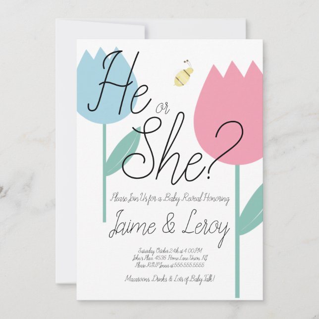 Spring Tulips Pink Blue Gender Reveal He or She Invitation (Front)