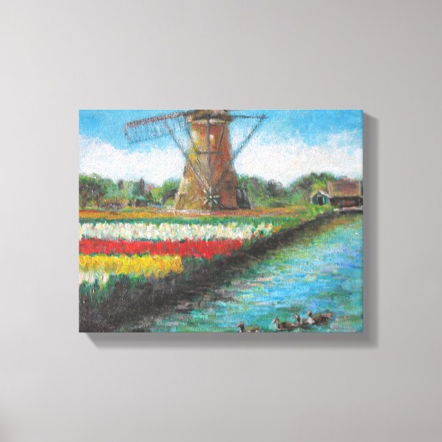 Spring Tulips Windmill Landscape Holland Painting Canvas Print (Front)