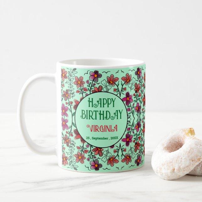 SPRING UNIQUE RED DOODLE FLOWERS BIRTHDAY COFFEE MUG (With Donut)
