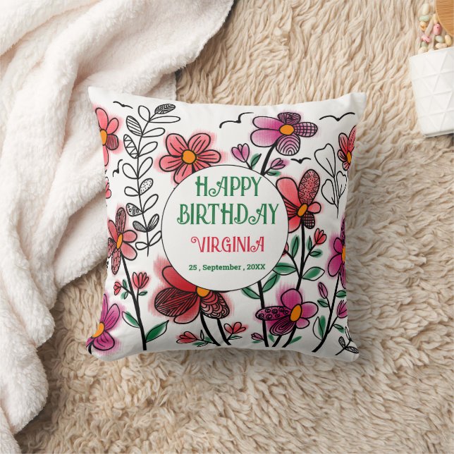 SPRING UNIQUE RED DOODLE FLOWERS BIRTHDAY CUSHION (Blanket)