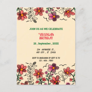SPRING UNIQUE RED DOODLE FLOWERS BIRTHDAY INVITATION POSTCARD