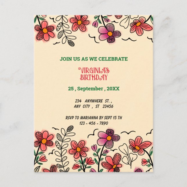 SPRING UNIQUE RED DOODLE FLOWERS BIRTHDAY  INVITATION POSTCARD (Front)