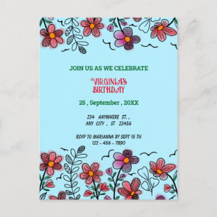 SPRING UNIQUE RED DOODLE FLOWERS BIRTHDAY INVITATION POSTCARD