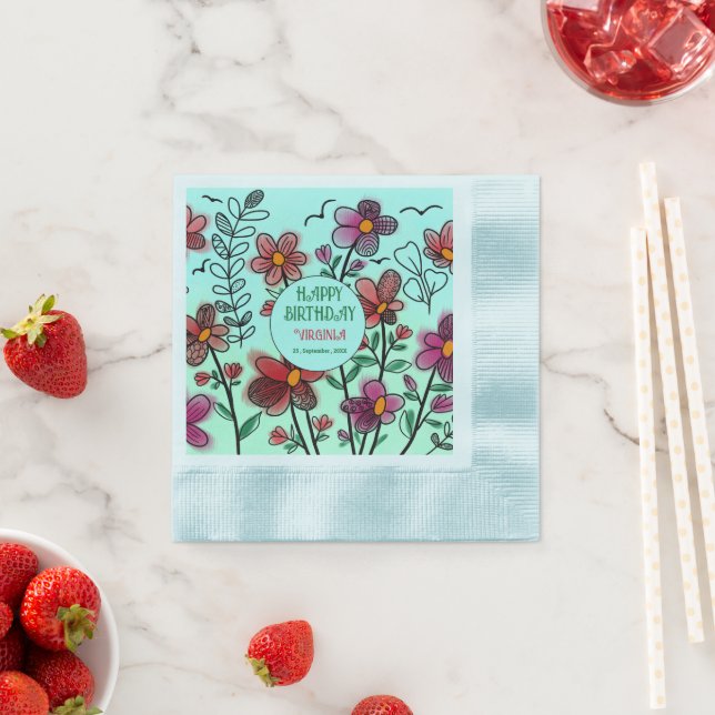 SPRING UNIQUE RED DOODLE FLOWERS BIRTHDAY  NAPKIN (Insitu)