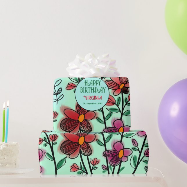 SPRING UNIQUE RED DOODLE FLOWERS BIRTHDAY  WRAPPING PAPER (Party Gifts)