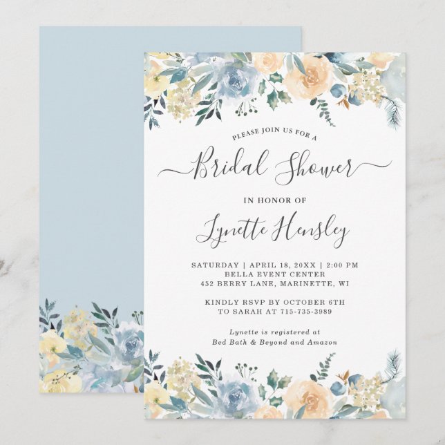 Spring Vanilla Blue Floral Bridal Shower Invitation (Front/Back)