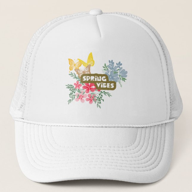 Spring Vibes Colourful Flowers Butterflies Seasona Trucker Hat (Front)