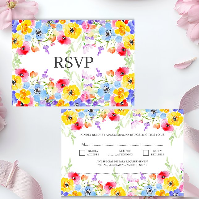Spring Vibrant Watercolor Flowers Elegant Wedding RSVP Card (Creator Uploaded)