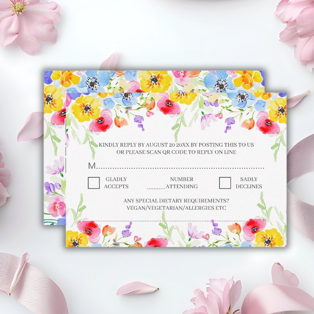 Spring Vibrant Watercolor Flowers QR Code Wedding RSVP Card (Creator Uploaded)