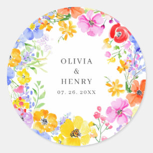 Spring Vibrant Watercolor Flowers Wedding  Classic Round Sticker