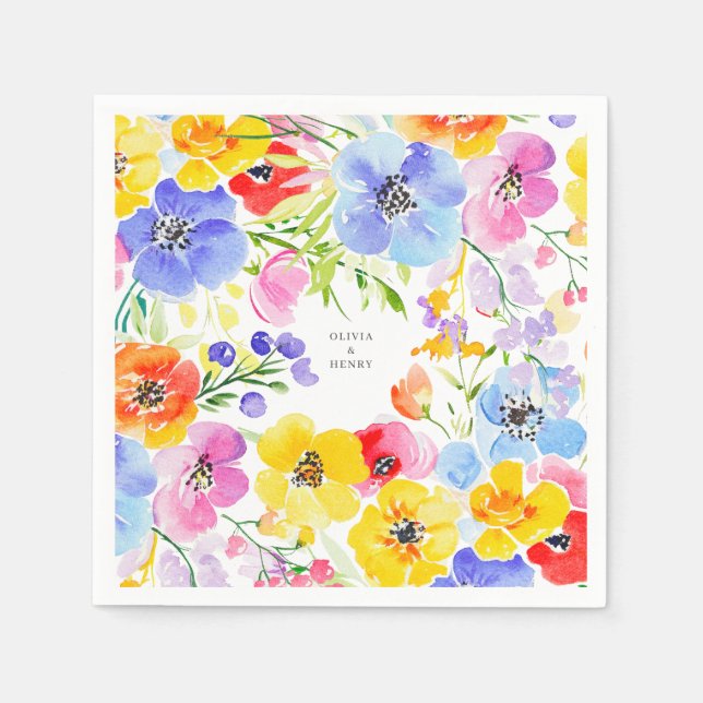 Spring Vibrant Watercolor Flowers Wedding  Napkin (Front)