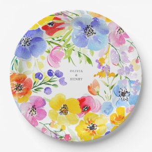 Spring Vibrant Watercolor Flowers Wedding Paper Plate