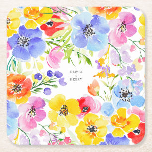 Spring Vibrant Watercolor Flowers Wedding Square Paper Coaster