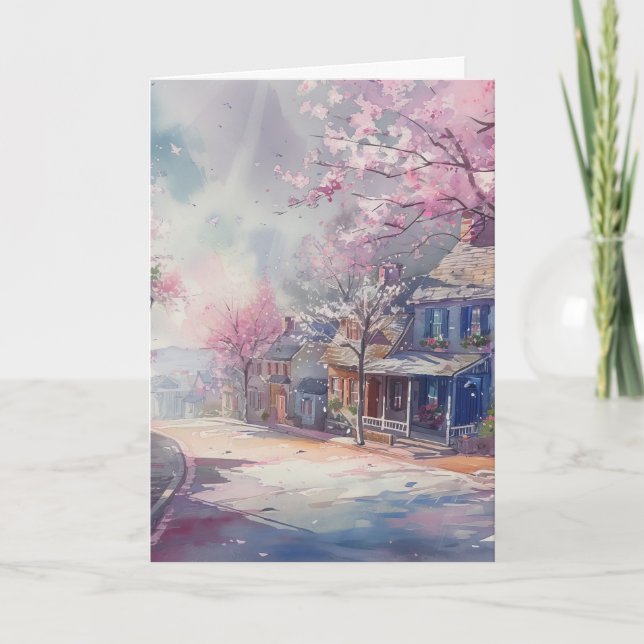 Spring Village Scene Hello Greeting Card (Front)