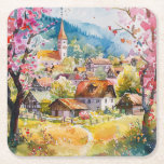 Spring Village Square Paper Coaster<br><div class="desc">A Watercolour Village in Springtime</div>