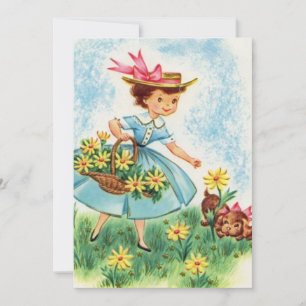 Spring Vintage Girl and Puppy Picking Flowers Holiday Card