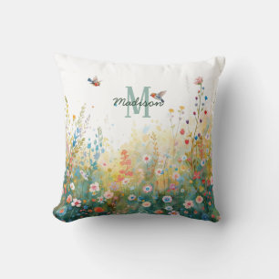 Spring Watercolor Birds Floral Monogram Wildflower Cushion
